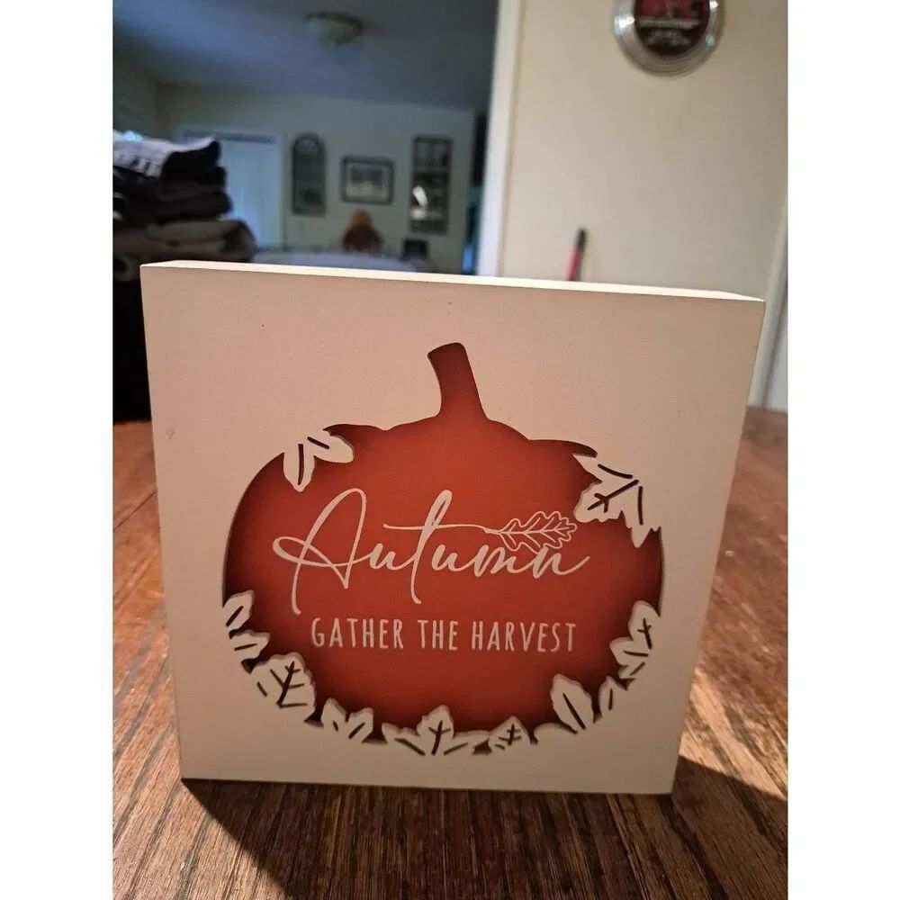 White Orange Autumn Gather the Harvest Shadow Box Picture Shelf Sitter Wall 6.5"